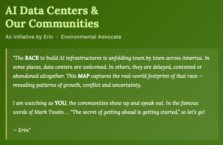 Screenshot from Erin Brockovich's AI Data Center Initiative